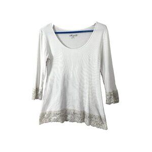 VTG Will Smith Women M White Ribbed Top Lace Trim 3/4 Sleeve Coastal Y2K 90s Fit